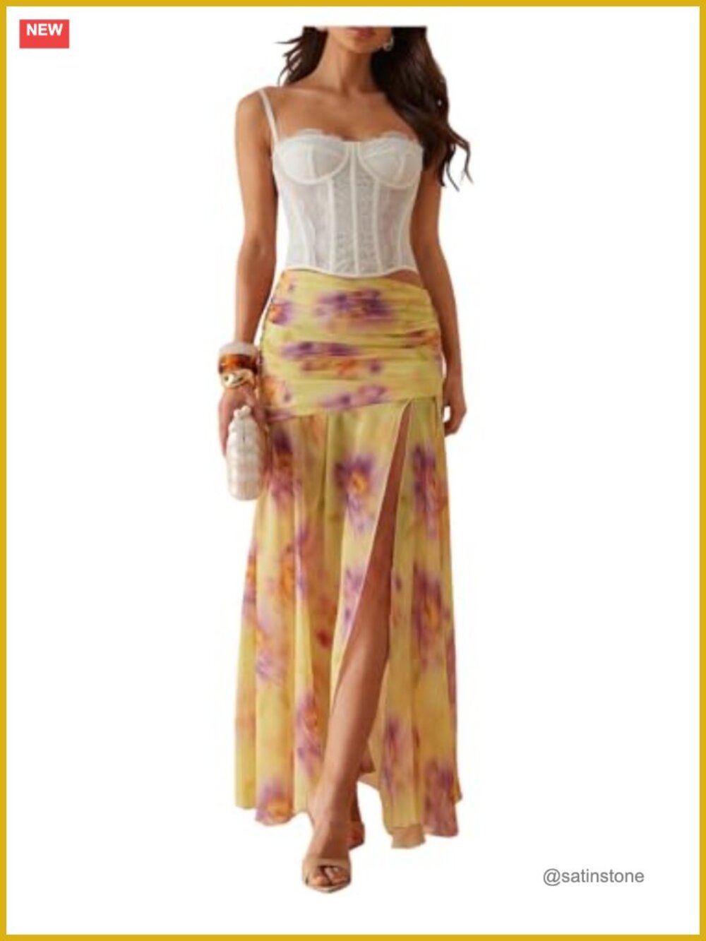 Women's Boho Floral Maxi Skirt High Slit Ruched Elastic Waist Flowy Beach